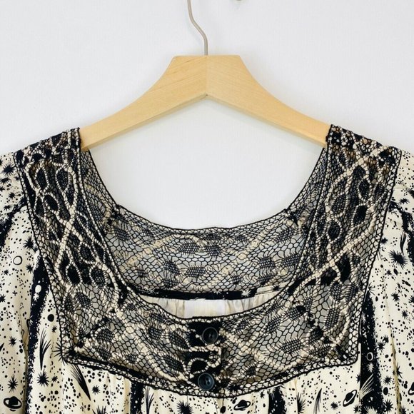 Anna Sui Black and Cream Horoscope Crochet Lace Trim Tie Silk Playsuit UK S - Picture 3 of 9